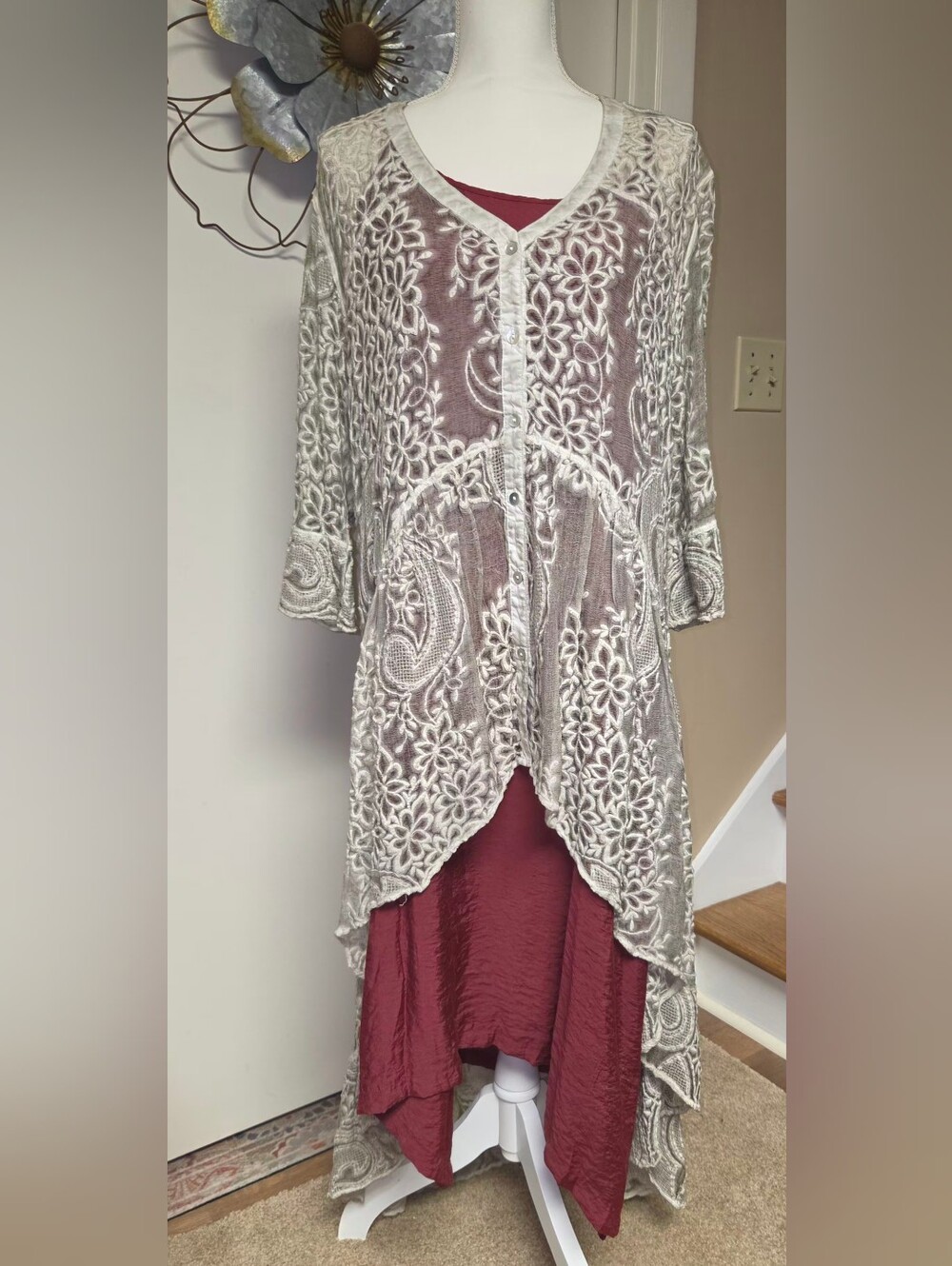Gretty Zueger Embroidered Cream Lace Overlay Tunic with Pretty Angel Wine Slip